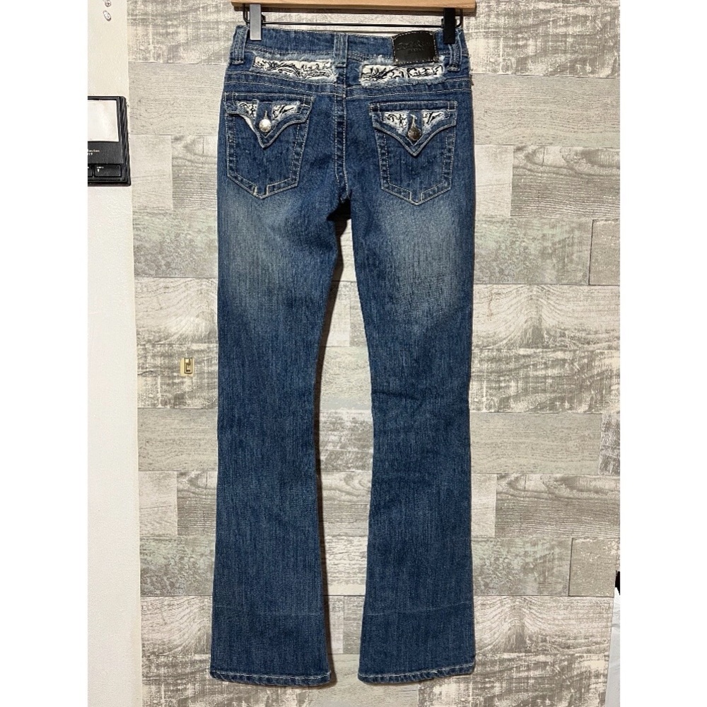 Red Rivet Medium Wash Blue Jeans Stitched Rhinestone Ladies JUNIORS 5 Pants